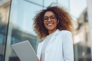 Poster - A confident professional woman dressed in stylish business attire is seen using a tablet. She embodies the essence of a modern workforce, showcasing her active engagement in careeroriented tasks