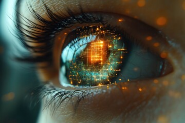 Poster - Close-up of a human eye reflecting digital technology and data in an abstract visualization