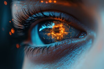 Poster - Futuristic close-up of a human eye with digital circuits reflecting in the iris