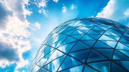 Poster - A stunning glass dome reflects fluffy clouds and the vibrant blue sky, showcasing modern architectural design against sunlight. Harmony of nature and structure captivates