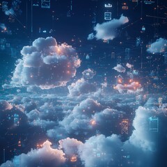 Poster - This stunning image features a futuristic cloudscape filled with digital overlays, representing the intersection of technology and nature, showcasing connectivity.