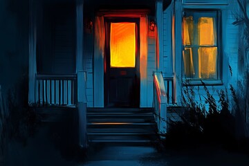 Wall Mural - A painting of a house with a door that is open and a window that is lit up. The mood of the painting is dark and mysterious