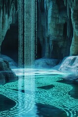 Poster - A mesmerizing digital waterfall of binary code cascades into a tranquil cave pool, reflecting a serene atmosphere with stunning blue and turquoise hues.