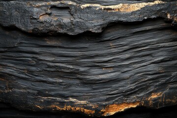 Poster - Striking close up of a weathered black wood surface with golden accents showcasing texture and natural patterns for design projects