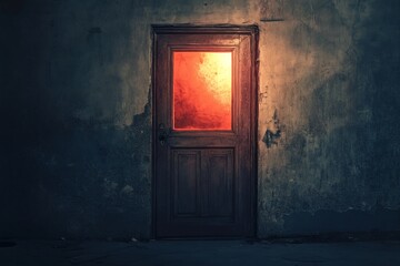 Wall Mural - A door with a red light shining through it. The door is open and the light is shining through the window