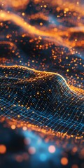 Poster - Vibrant digital landscape showcasing glowing particles and flowing waves. This abstract design features a stunning interplay of colors, creating an immersive visual experience.