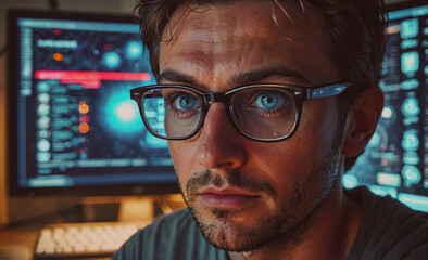Aufkleber - Man wearing glasses is staring at a computer monitor. The monitor displays a message that says 