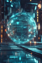 Poster - A futuristic glowing sphere floats above a high-tech surface, surrounded by vibrant light effects and intricate digital patterns in an abstract space.