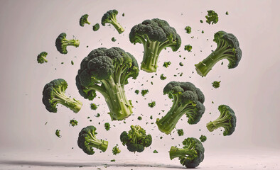 Poster - Bunch of broccoli is flying through the air. Concept of chaos and movement, as the broccoli pieces are scattered in various directions. The scene could represent the unpredictability of life or the