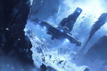 Poster - A captivating image of a futuristic spacecraft navigating through a dramatic cosmic landscape filled with ice and shimmering stars, evoking a sense of adventure.