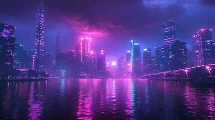 Aufkleber - A mesmerizing view of a futuristic city skyline awash in vibrant neon hues. Skyscrapers tower majestically against a dramatic sky, their reflections shimmering in calm waters below