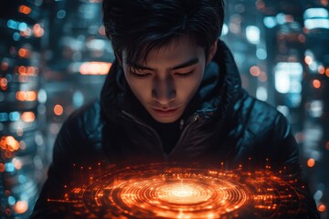 Poster - Futuristic urban dweller explores glowing holographic technology in a vibrant neon city at night