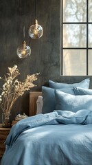 Poster - This serene bedroom features soft blue linens and charming decorative accents