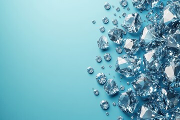 Poster - Sparkling diamonds scattered on a light blue surface creating a luxurious and elegant background for jewelry gemstone and precious stone concept