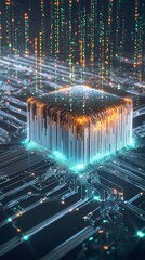 Poster - This vibrant digital artwork features a glowing processor on a circuit board, surrounded by streams of data. It symbolizes technology and innovation in the digital era.