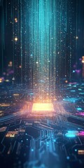 Poster - a stunning futuristic digital landscape showcasing vibrant light streams and intricate circuit patte