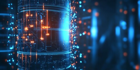 Poster - A vibrant and futuristic digital background featuring glowing circuit patterns in blue and orange tones, suitable for technology and innovation themes.