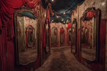Wall Mural - A room with red curtains and mirrors. The room is dark and creepy