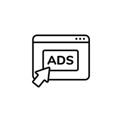 Poster - Black and white line icon of a web page with ads text and a cursor clicking on it to signify online ads.