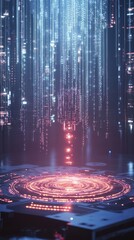Poster - A captivating futuristic scene featuring a glowing circular pattern surrounded by a cascading data stream. Ideal for technology and abstract themes.