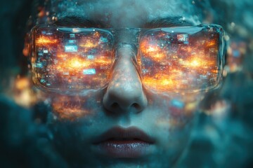 Poster - Futuristic woman with reflective glasses showcasing a vibrant digital landscape and glowing lights captured in an immersive setting