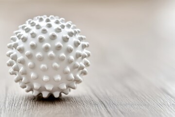 Poster - White Textured Ball on Wooden Surface with Soft Focus Background