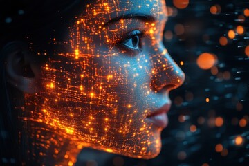 Poster - Portrait of a woman with glowing digital patterns on her face representing technology and innovation in a futuristic setting