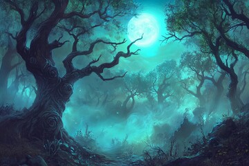 Poster - Explore the enchanting forest scene illuminated by a full moon, bathed in mystical blue fog, creating an otherworldly atmosphere filled with serenity.