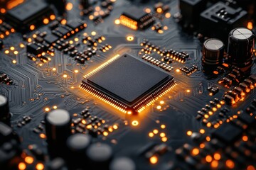 Poster - exploring the intricate design and glowing elements of a modern electronic circuit board in a close-