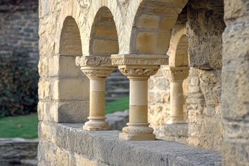 Poster - Serene Stone Archway of Ancient Cloister with Arched Openings and Carved Pillars in Warm Light