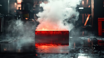 Aufkleber - Red hot metal billets submerged in water create clouds of steam in an industrial workshop