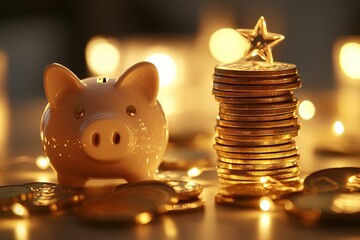 Poster - A piggy bank sits on a table with a pile of gold coins. Concept of saving money and the value of hard work