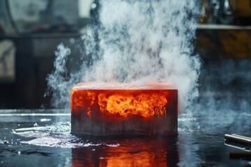 Aufkleber - Red hot metal billets being tempered in water, releasing steam in an energetic workshop environment with tools scattered around