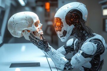 Poster - Robot interacts with human skull in a futuristic lab setting, exploring themes of life and technology in a deep contemplation moment