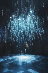 Poster - This stunning light installation features glowing particles suspended in a dark space, creating a captivating and immersive atmosphere perfect for modern art enthusiasts.