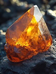 Poster - Captivating amber gemstone on dark rock surface showcasing warm golden hues and intricate details in a close up shot