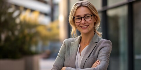 Poster - A professional businesswoman is smiling confidently in a modern office environment, showcasing her achievements and ambition in a dynamic career filled with creativity, collaboration, and success