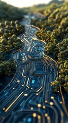 Poster - A captivating blend of nature and technology, this artwork features a winding digital pathway flowing through a lush green forest, symbolizing innovation.