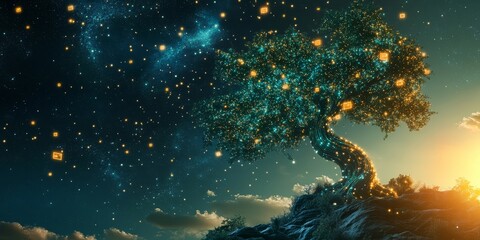 Poster - This enchanting image features a mystical tree illuminated by glowing lanterns under a starlit sky, creating a serene and imaginative ambiance perfect for dreamy landscapes.