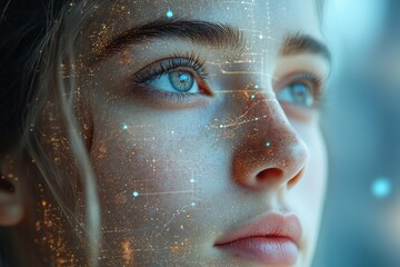 Poster - Young woman gazes thoughtfully as digital patterns reflect on her face in a modern indoor setting