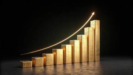 Poster - Golden Growth: A stylized, golden bar graph ascends against a dark backdrop, an upward-pointing arrow illustrating progress and financial success, symbolizing growth and achievement.