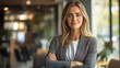 © MAAZ - Portrait of caucasian businesswoman on blurred office background. Confident, smart and successful woman. Generated AI