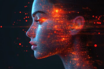 Poster - Digital portrait of a woman illuminated with fiery data streams in a futuristic setting
