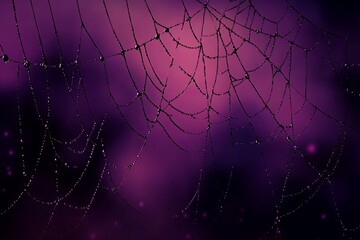 Poster - Discover a stunning spider web adorned with dew drops, set against a vibrant purple background, embodying nature's intricate beauty and serene atmosphere.