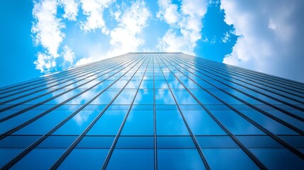 Poster - Towering glass structure reaches toward the sky, mirroring fluffy white clouds and deep blue above. A striking example of contemporary design and urban landscape, captivating all who gaze upon it
