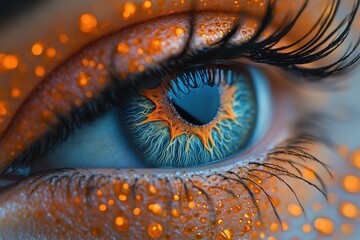 Poster - intricate close-up of a colorful eye adorned with vibrant makeup and shimmering droplets