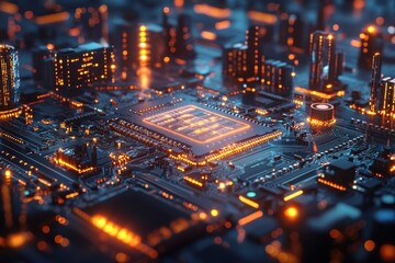 Poster - Intricate circuitry illuminated by orange lights showcasing a futuristic digital landscape at night