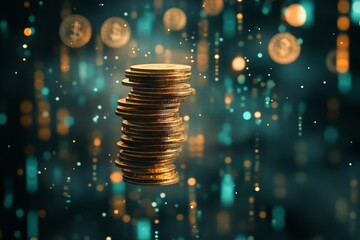 Poster - A stack of gold coins is floating in the air. The coins are arranged in a pyramid shape, with the top coin being the largest. The scene has a futuristic and surreal feel