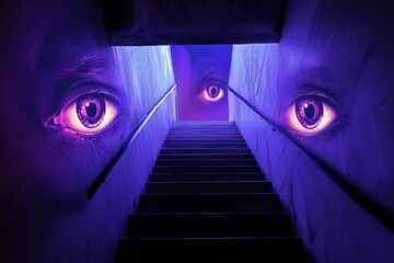 Poster - A captivating surreal scene featuring a staircase illuminated by vibrant purple and blue hues, showcasing intriguing eyes that evoke a sense of mystery and imagination.