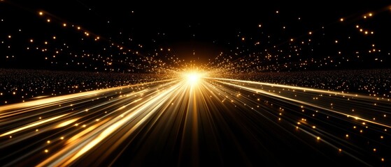 Poster - Golden light streaks illuminate a dark abstract space creating a futuristic and dynamic visual effect with a sense of speed and energy